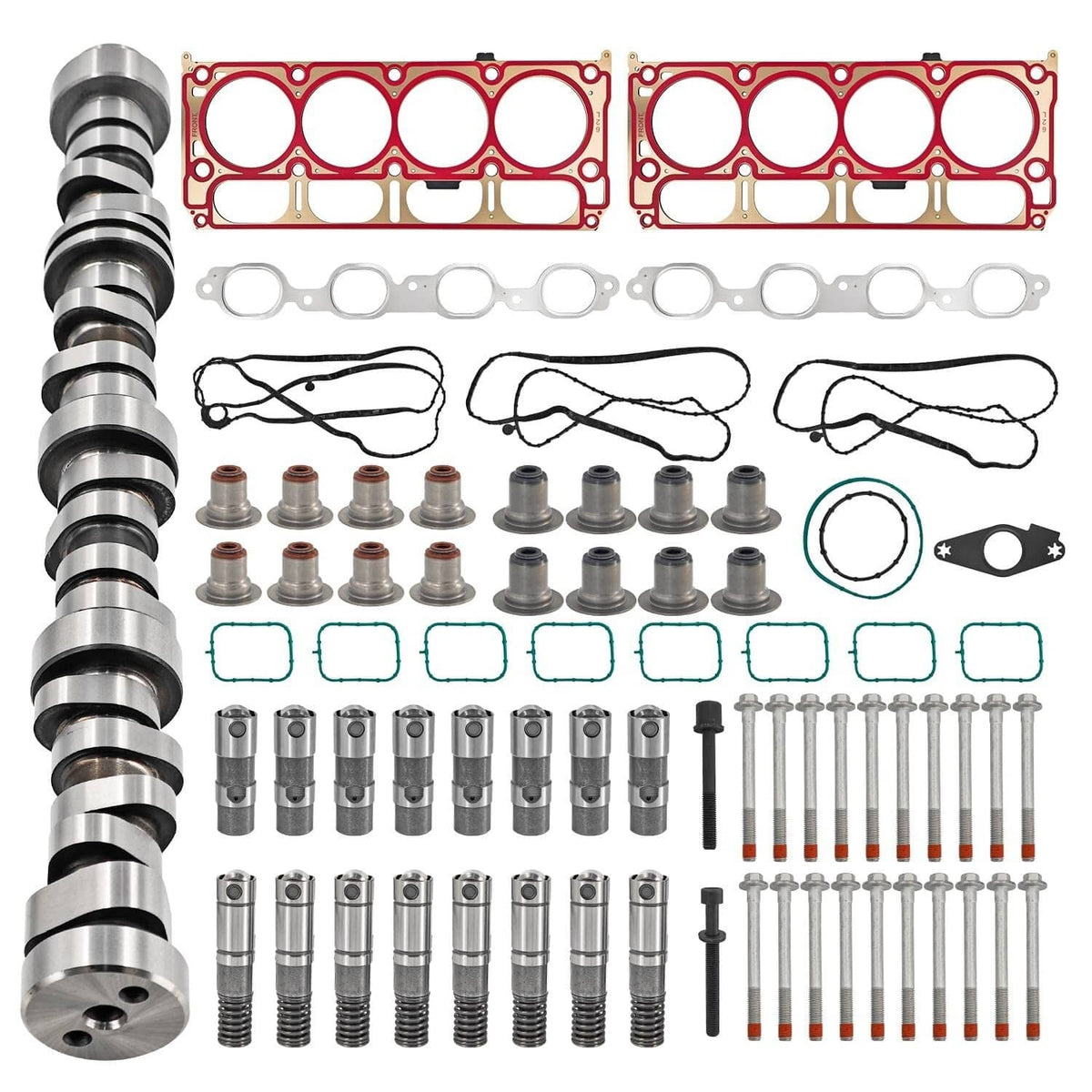 Engine lifter set with long lifter assembly, red gaskets, springs, and hardware parts.