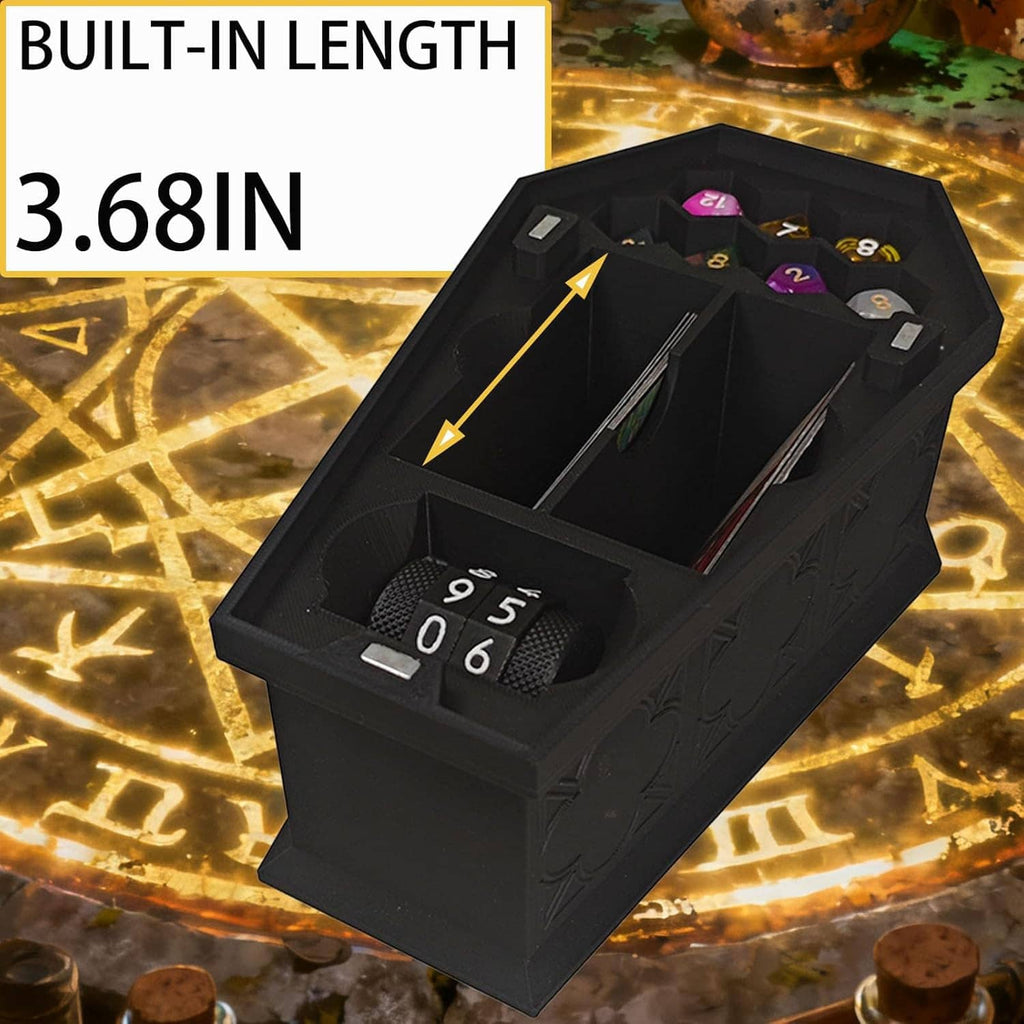 Black coffin-style deck box interior view with card dividers and built-in dice tray