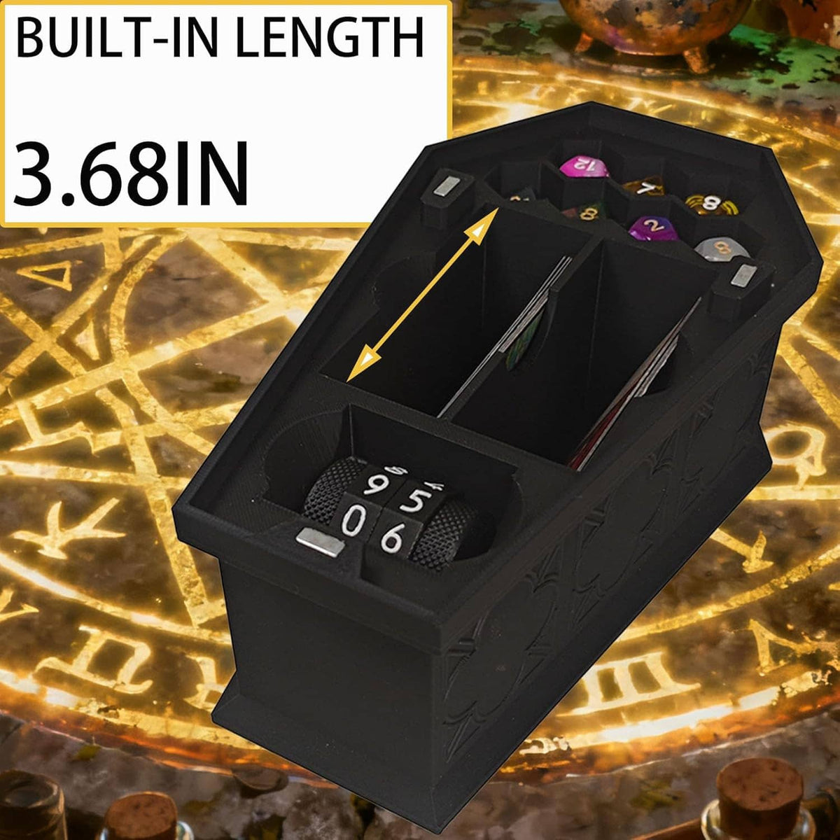 Black coffin-style deck box interior view with card dividers and built-in dice tray