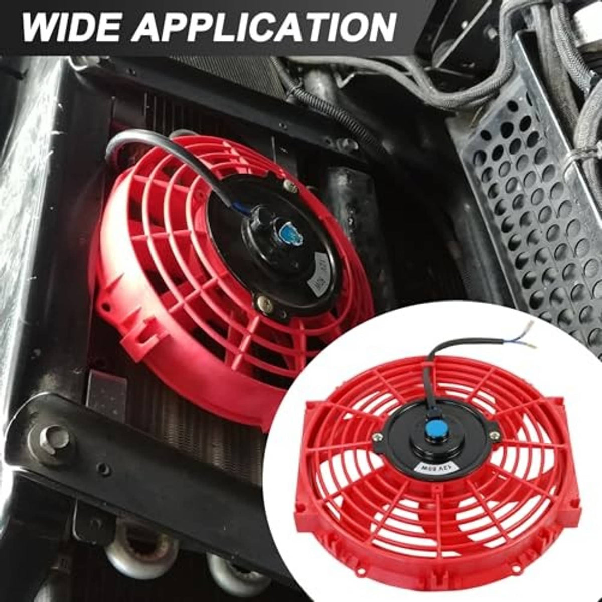 Red radiator cooling fan placed in engine bay, showing black circular control hub