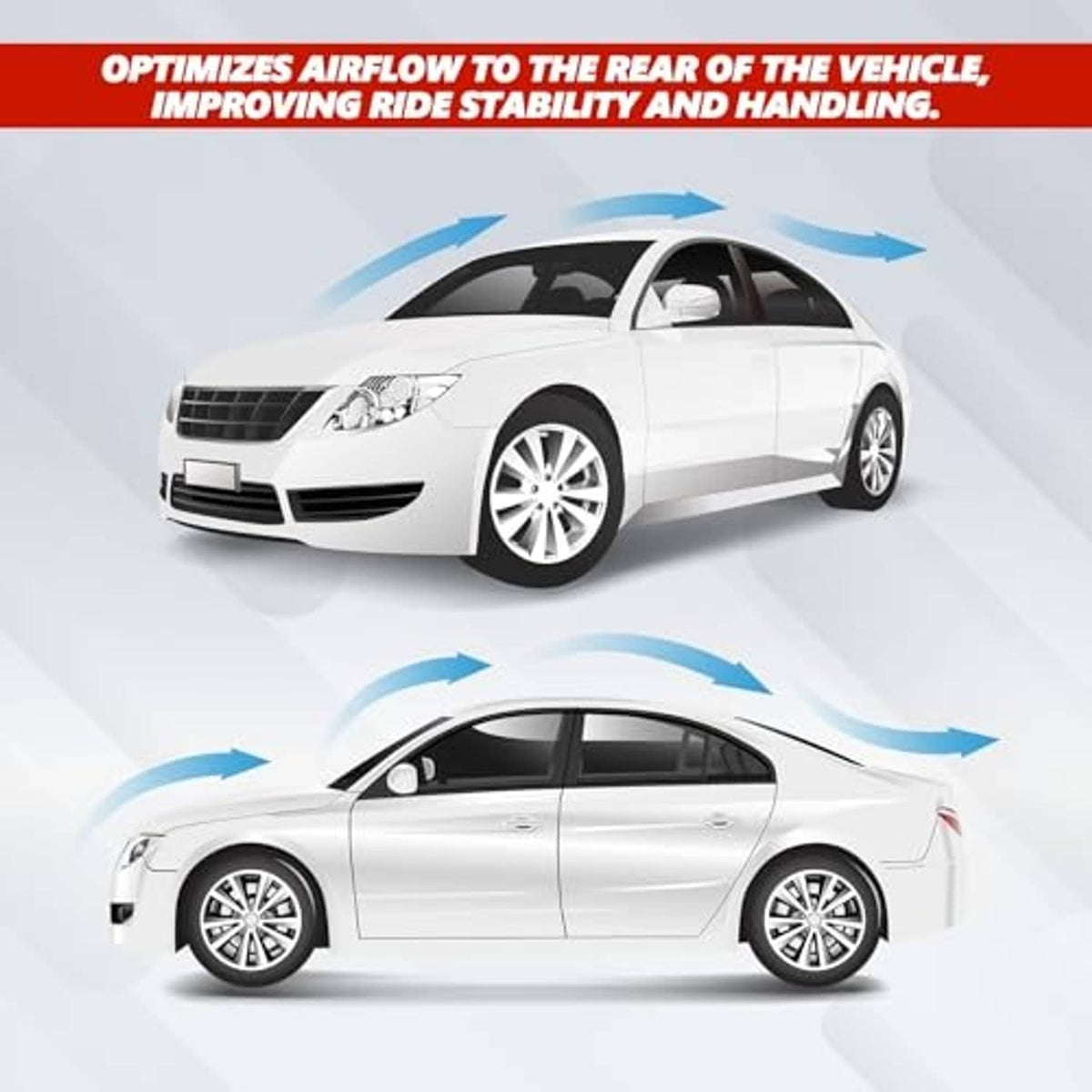Matte black rear roof lip spoiler trim on a sedan, airflow arrows graphic shown