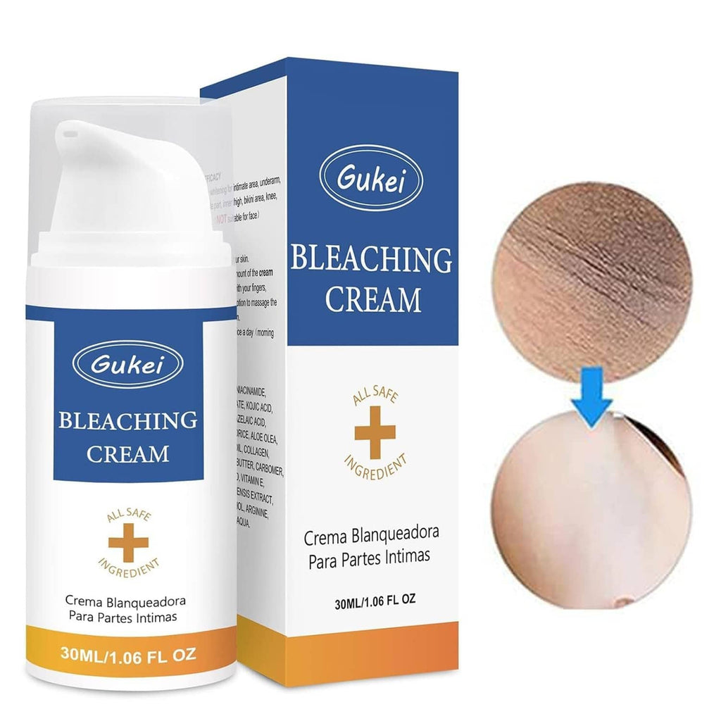 Bleaching cream bottle and box with inset showing before-and-after on intimate area