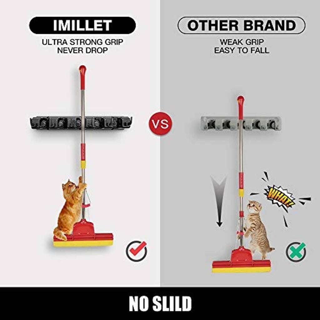 Mop and broom holder rack with strong grip hooks to hold mop and broom handles