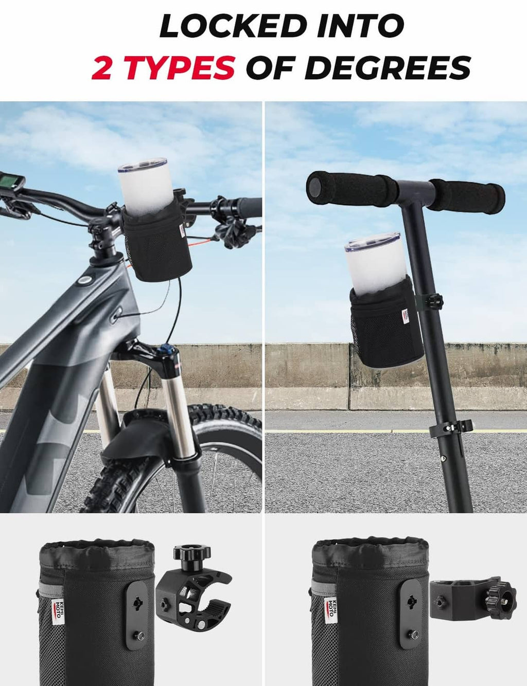 Handlebar-mounted cup holder with black oxford fabric and locking mount hardware