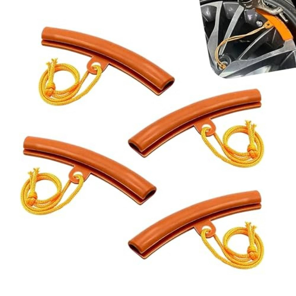 Orange wheel rim protector pieces with yellow rope loops, 4-pack