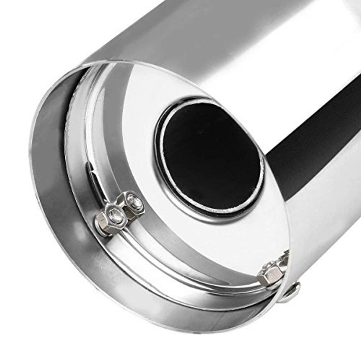 Round exhaust tip with black inner outlet and polished silver trim ring