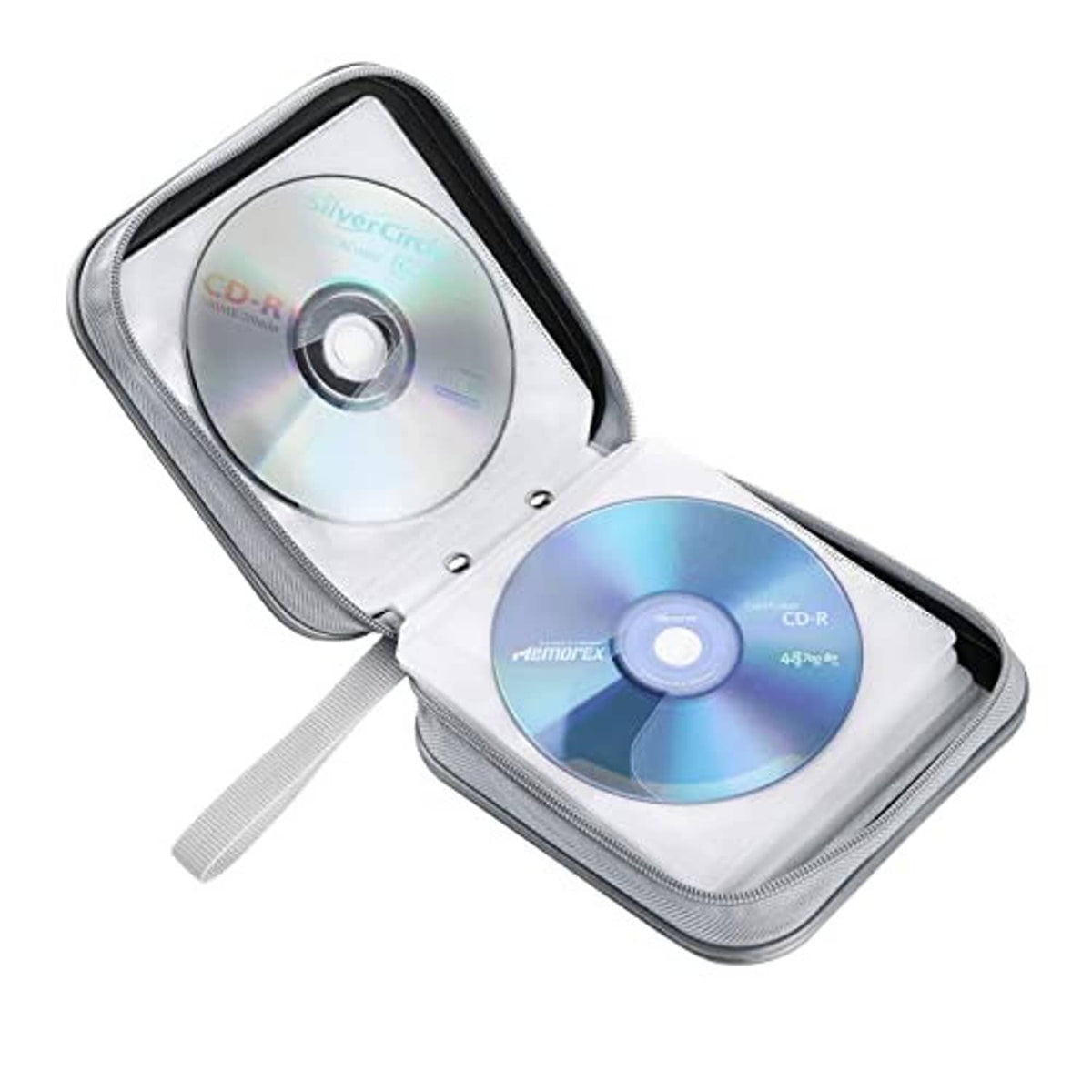 Black CD/DVD wallet case open with discs in gray padded sleeve compartments