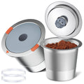 Stainless reusable K cup set with lid open, showing coffee grounds, silver.