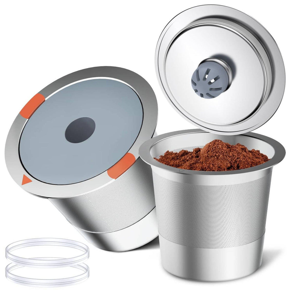 Stainless reusable K cup set with lid open, showing coffee grounds, silver.
