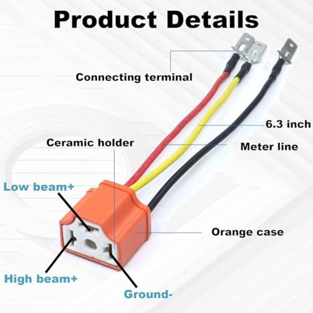 Orange ceramic H4 socket wiring harness with ground lead and multicolor wire terminals