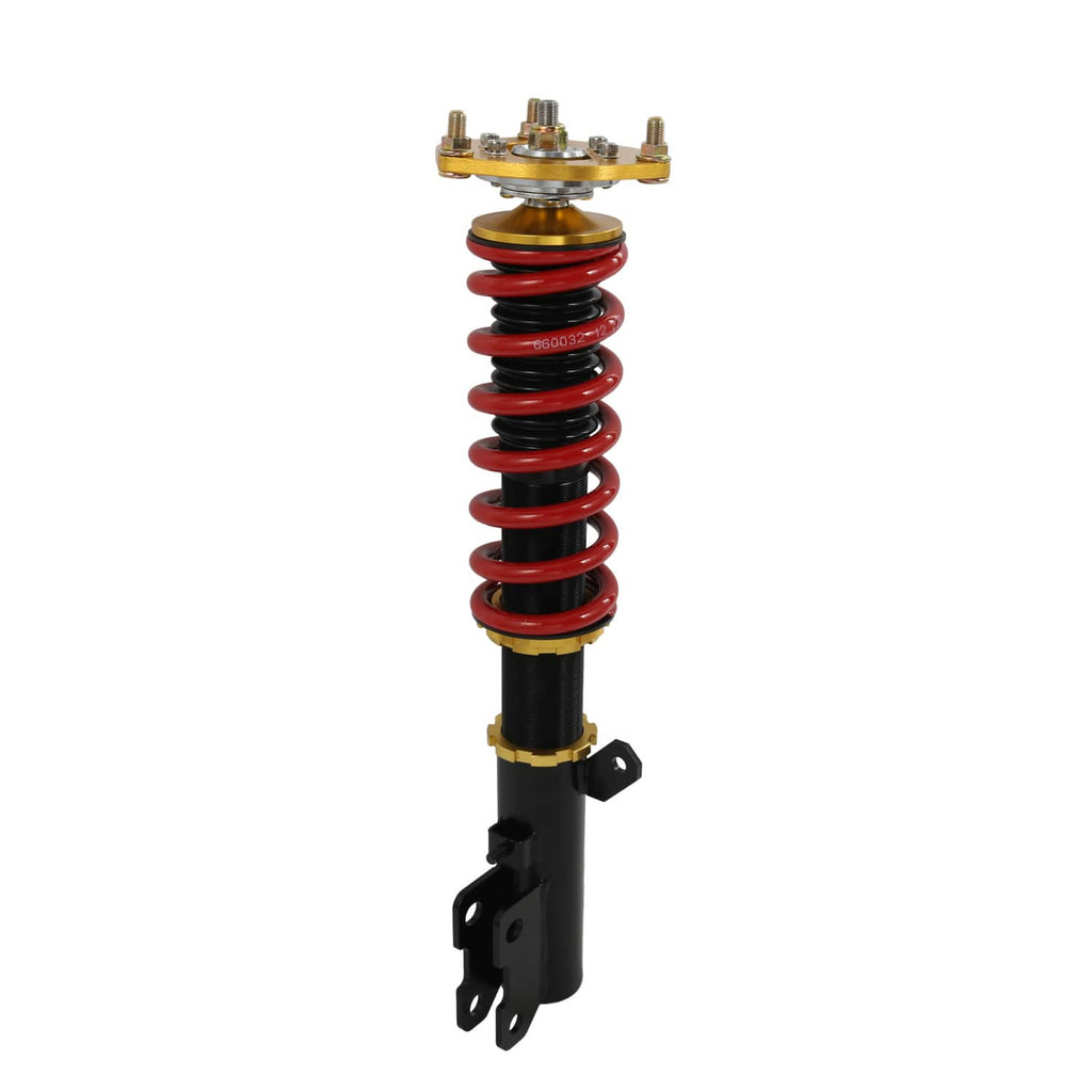 Front coilover strut with red coil spring, black body, and gold top mount