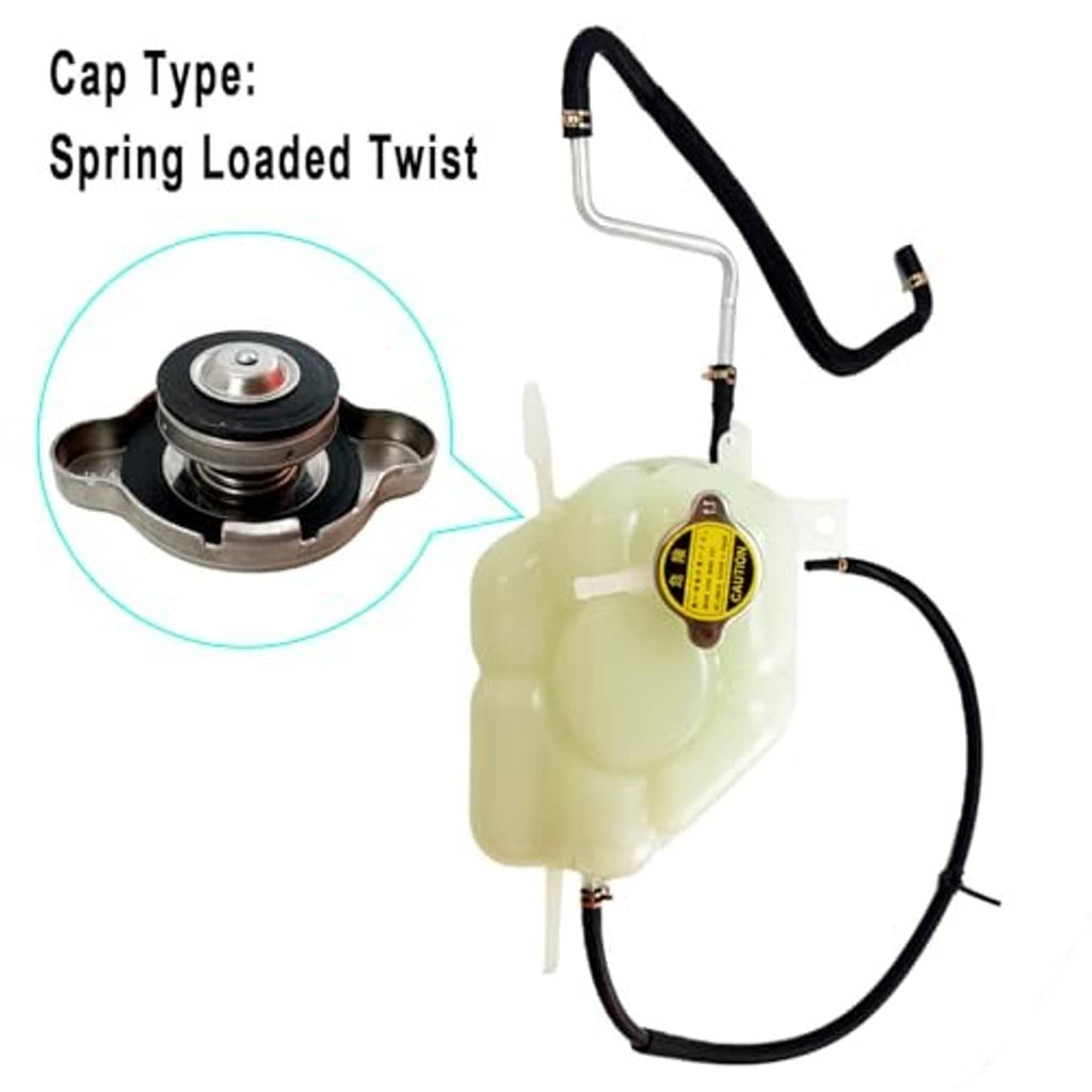 Engine coolant reservoir tank with spring-loaded twist cap, pale translucent and black hoses