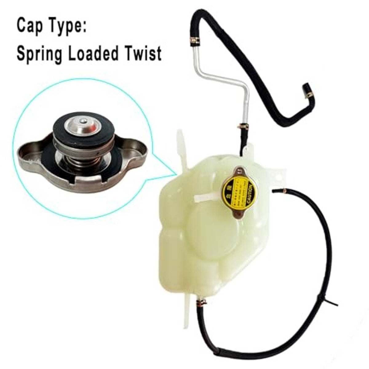 Engine coolant reservoir tank with spring-loaded twist cap, pale translucent and black hoses