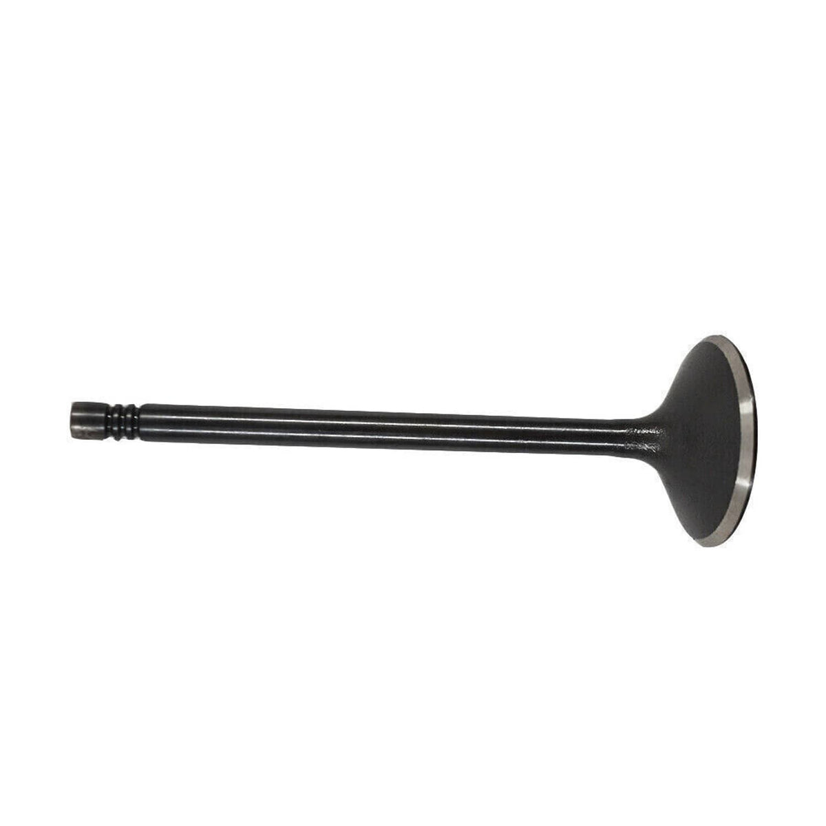Black engine valve with round disc head and ribbed, threaded stem for installation.