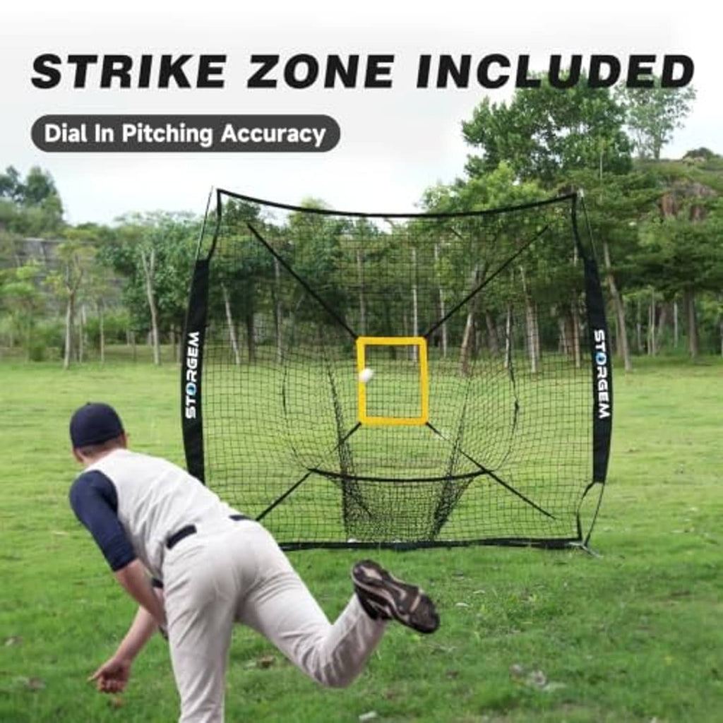 Baseball practice net with yellow strike-zone square target and black mesh frame