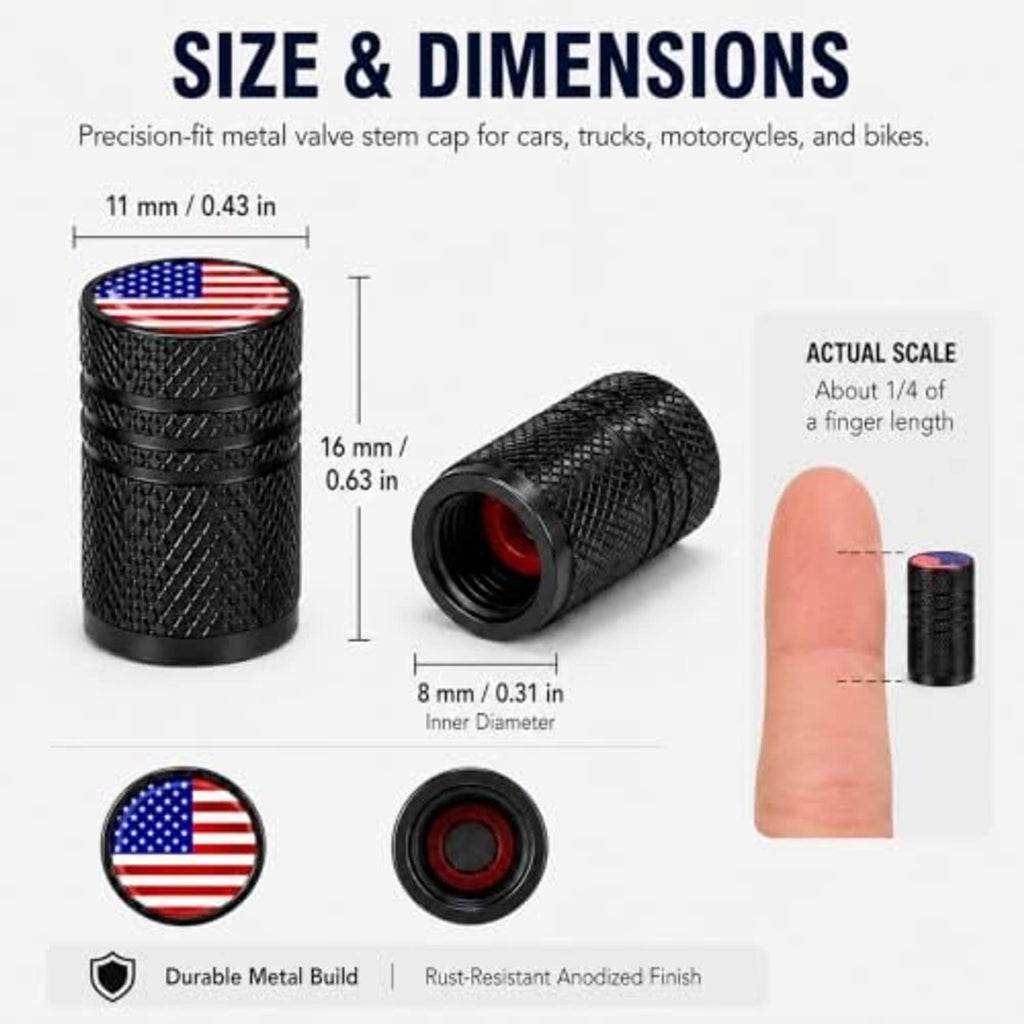 Black knurled tire valve stem caps with American flag top and red-lined inner