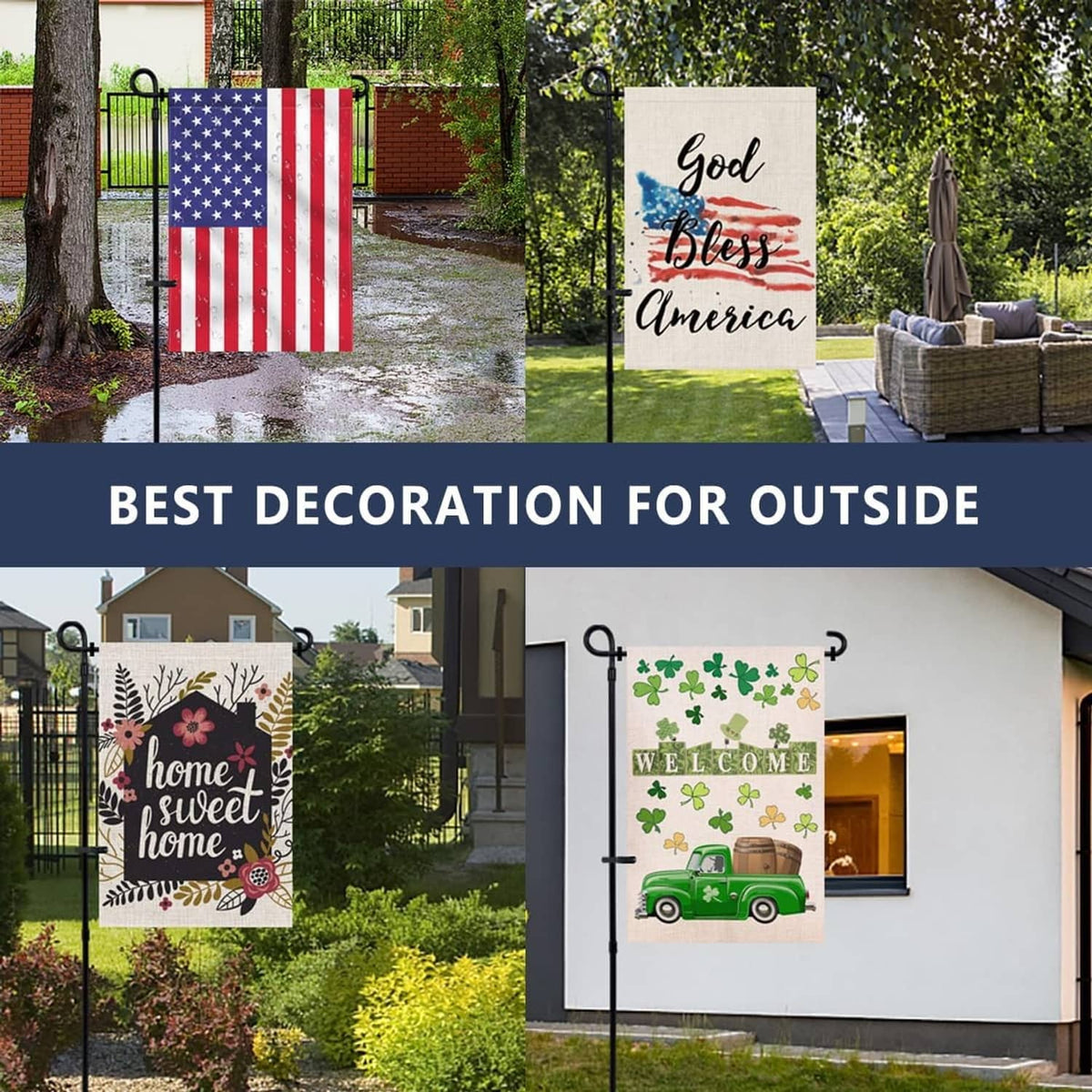 Black garden flag stand with spike base and top hook, used outdoors for displaying flags