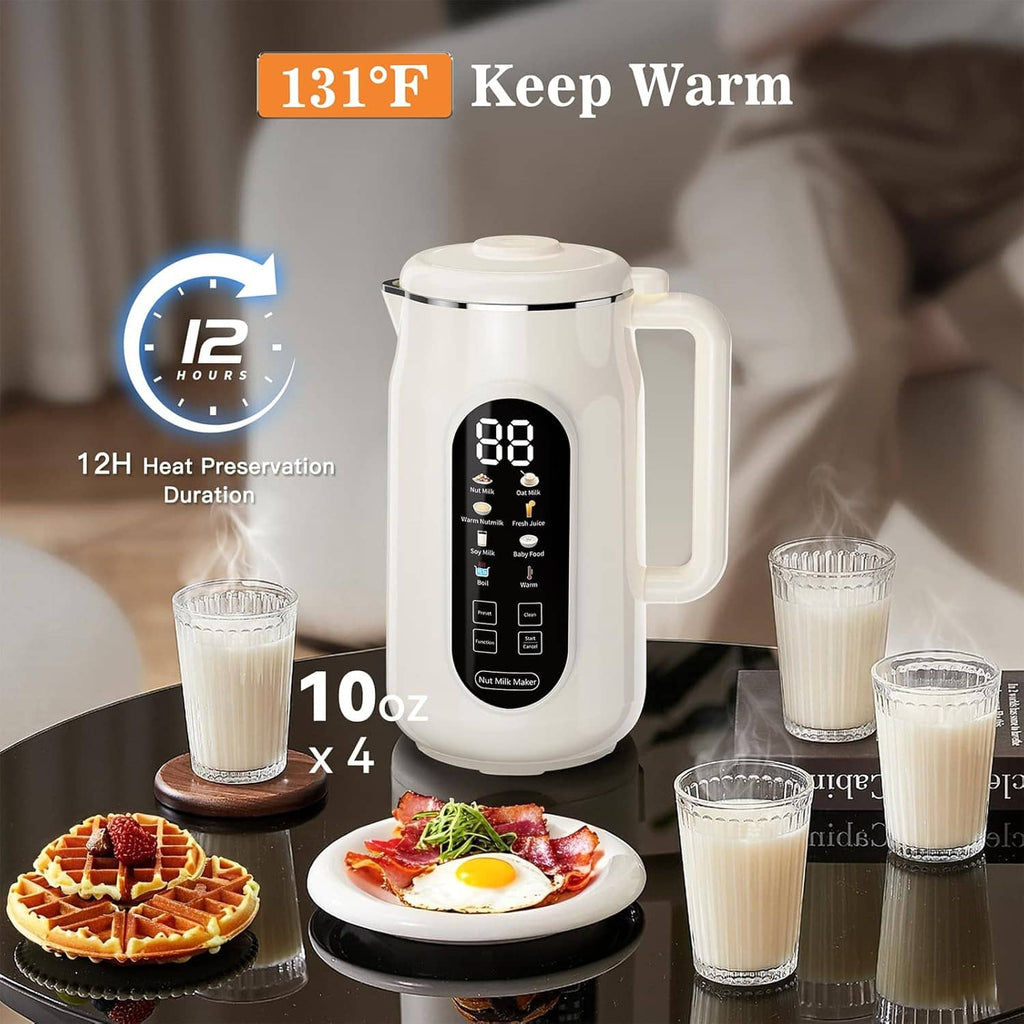 Cream nut milk maker with digital keep-warm display and several filled cups