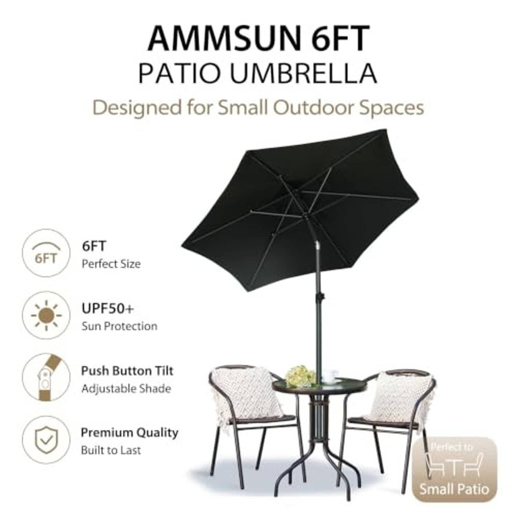 Black 6-ft patio umbrella canopy with ribbed underside and center pole
