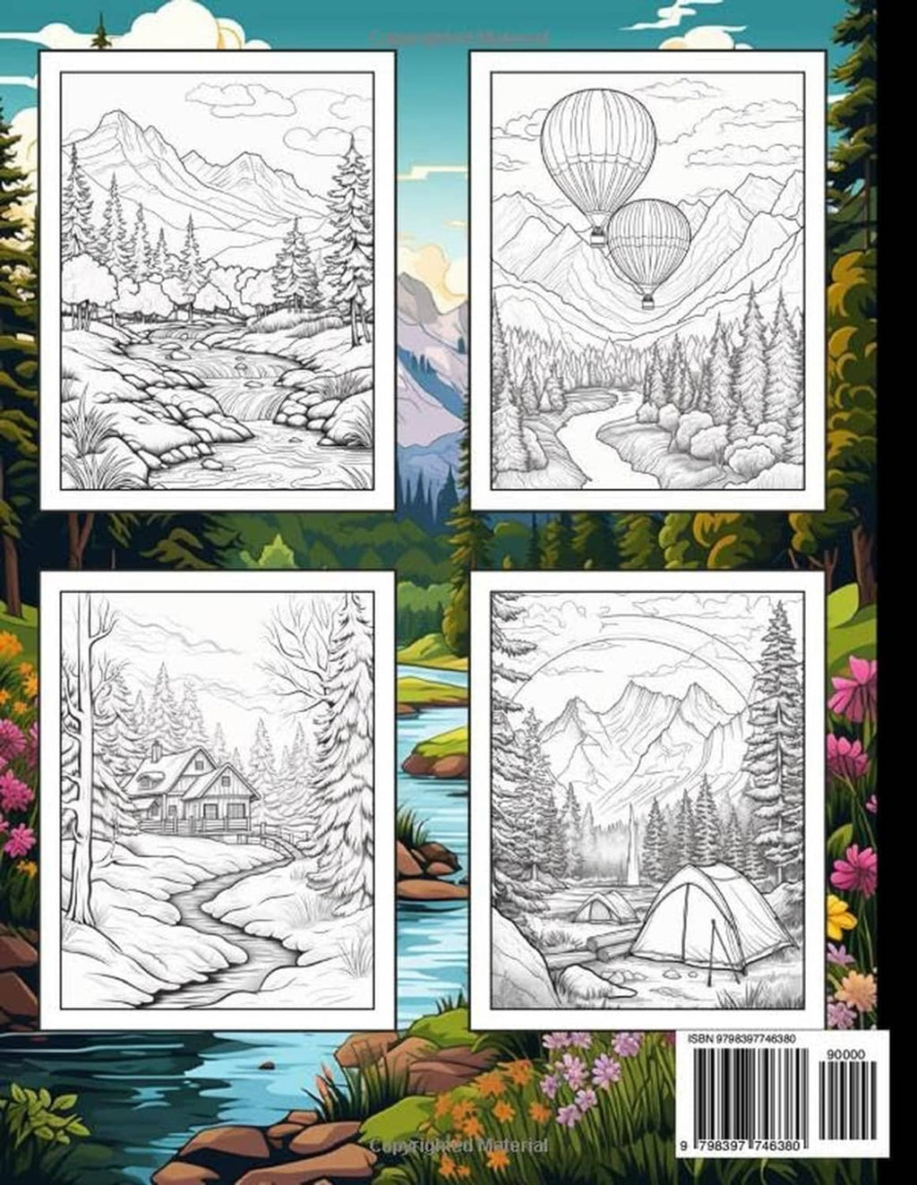 Coloring book page previews: four black-and-white landscape scenes with mountains and trees