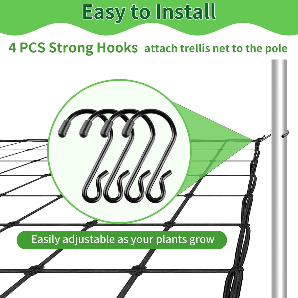 Black trellis netting with 4 S-shaped hooks for quick attachment to poles