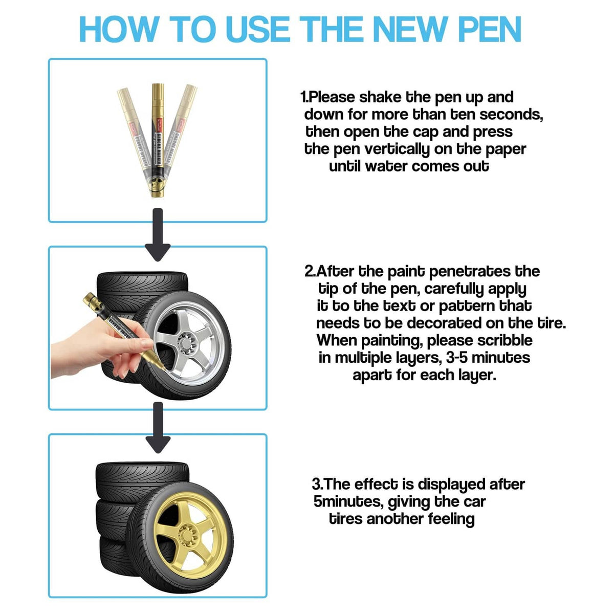 Chrome marker how-to steps with three silver pens and tire application sequence