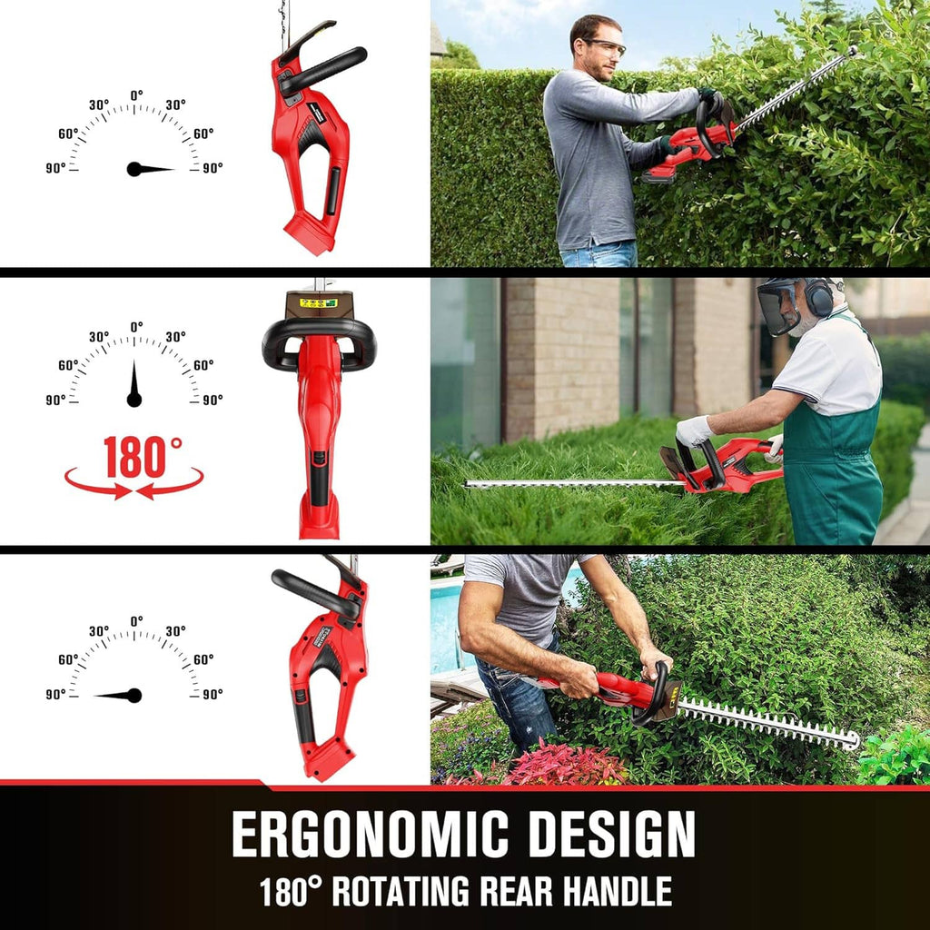 Red hedge trimmer shown with rotating rear handle angle for easier trimming