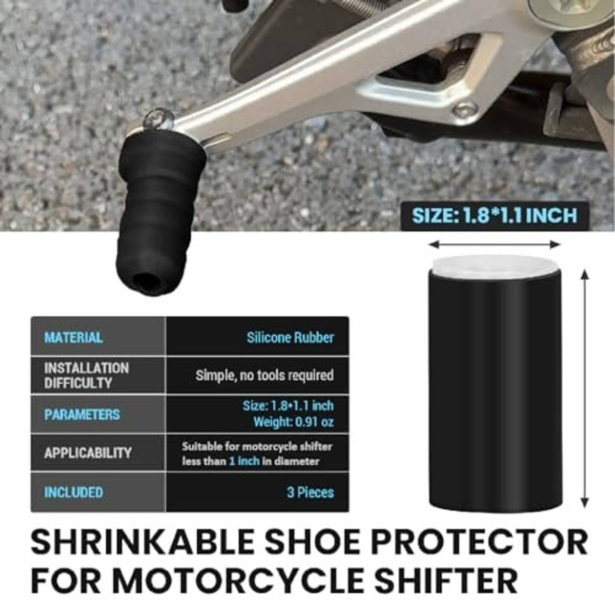 Black shrinkable silicone shifter cover sleeve with size markings