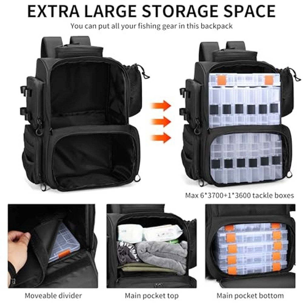Black fishing tackle backpack with open compartments showing modular storage space