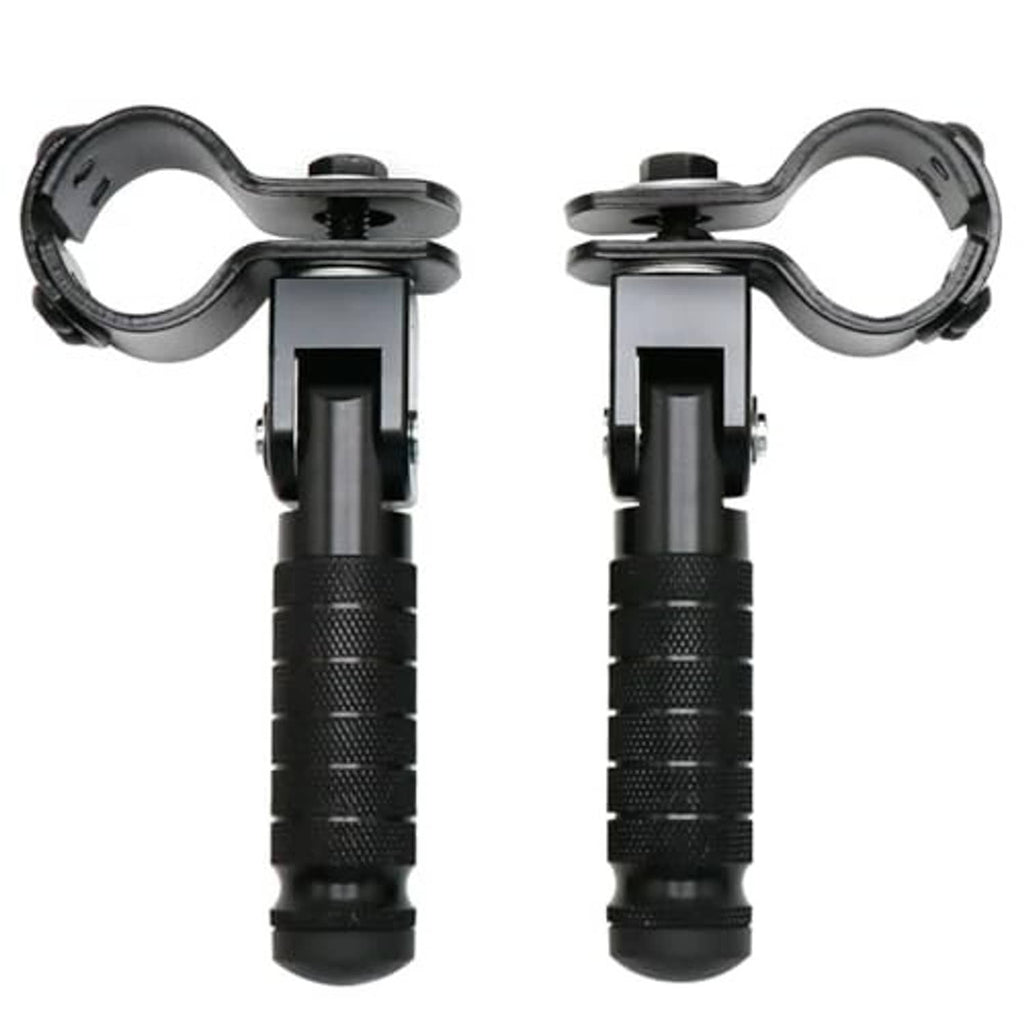 Two universal foldable foot pedals with black rubber grips and silver clamp arms
