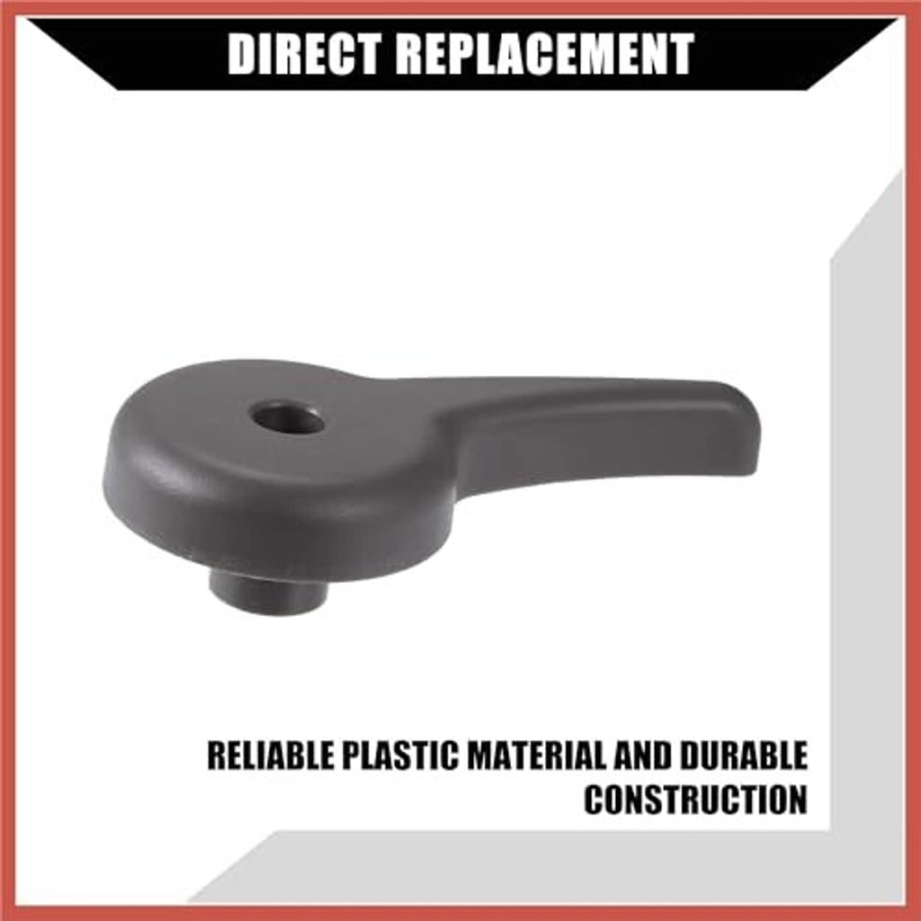 Gray seat recliner handle lever made of molded plastic with mounting hole on top.