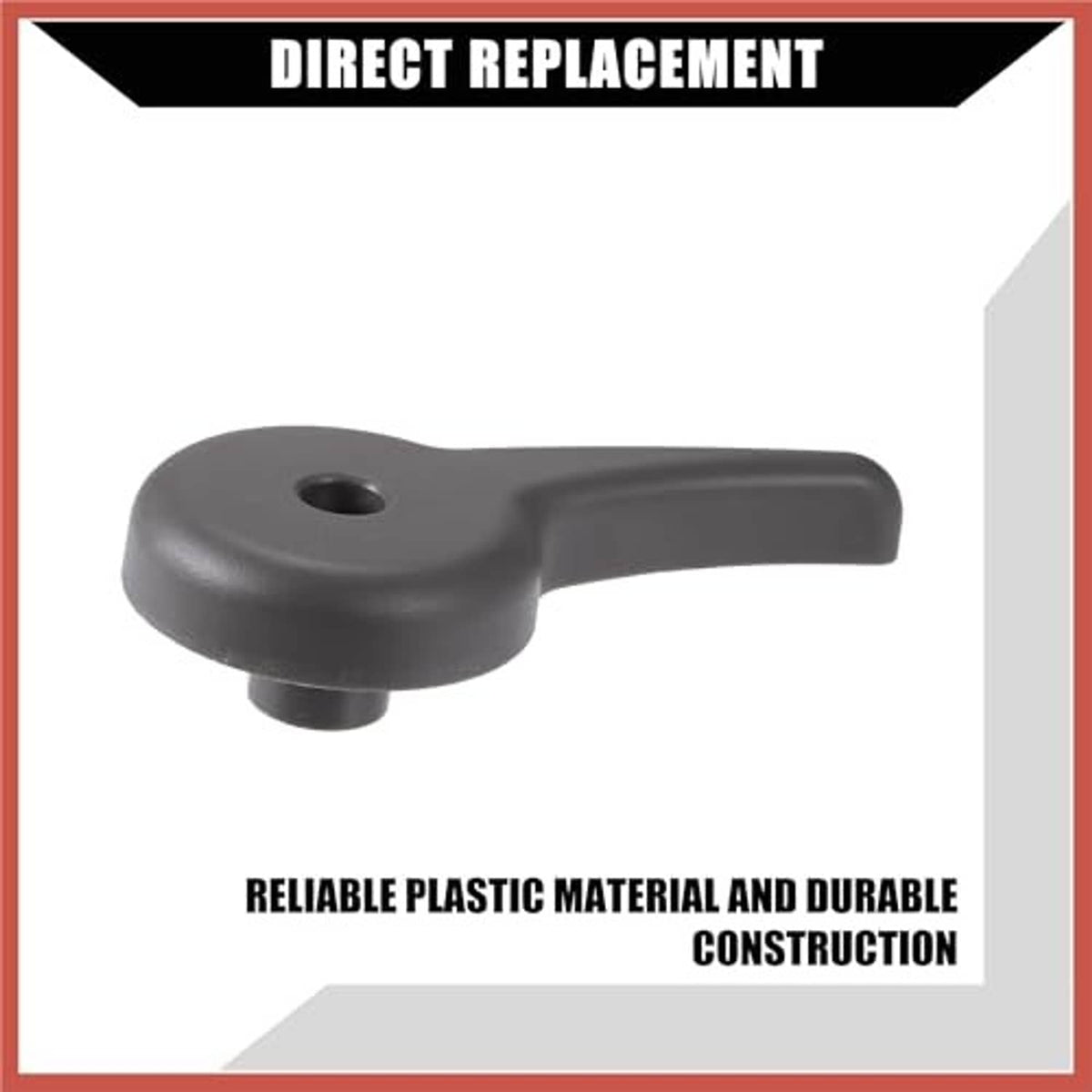 Gray seat recliner handle lever made of molded plastic with mounting hole on top.