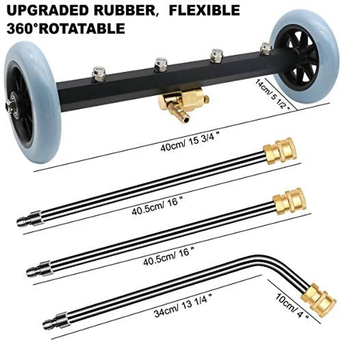 Pressure washer undercarriage cleaner with black wand, blue wheels, brass connectors