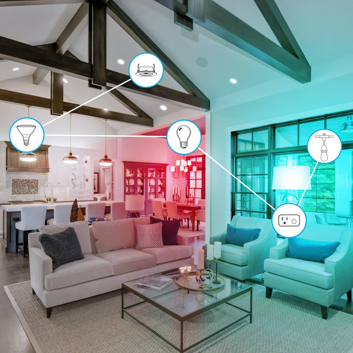 Color-changing smart bulb lighting in a living room with blue and red tones