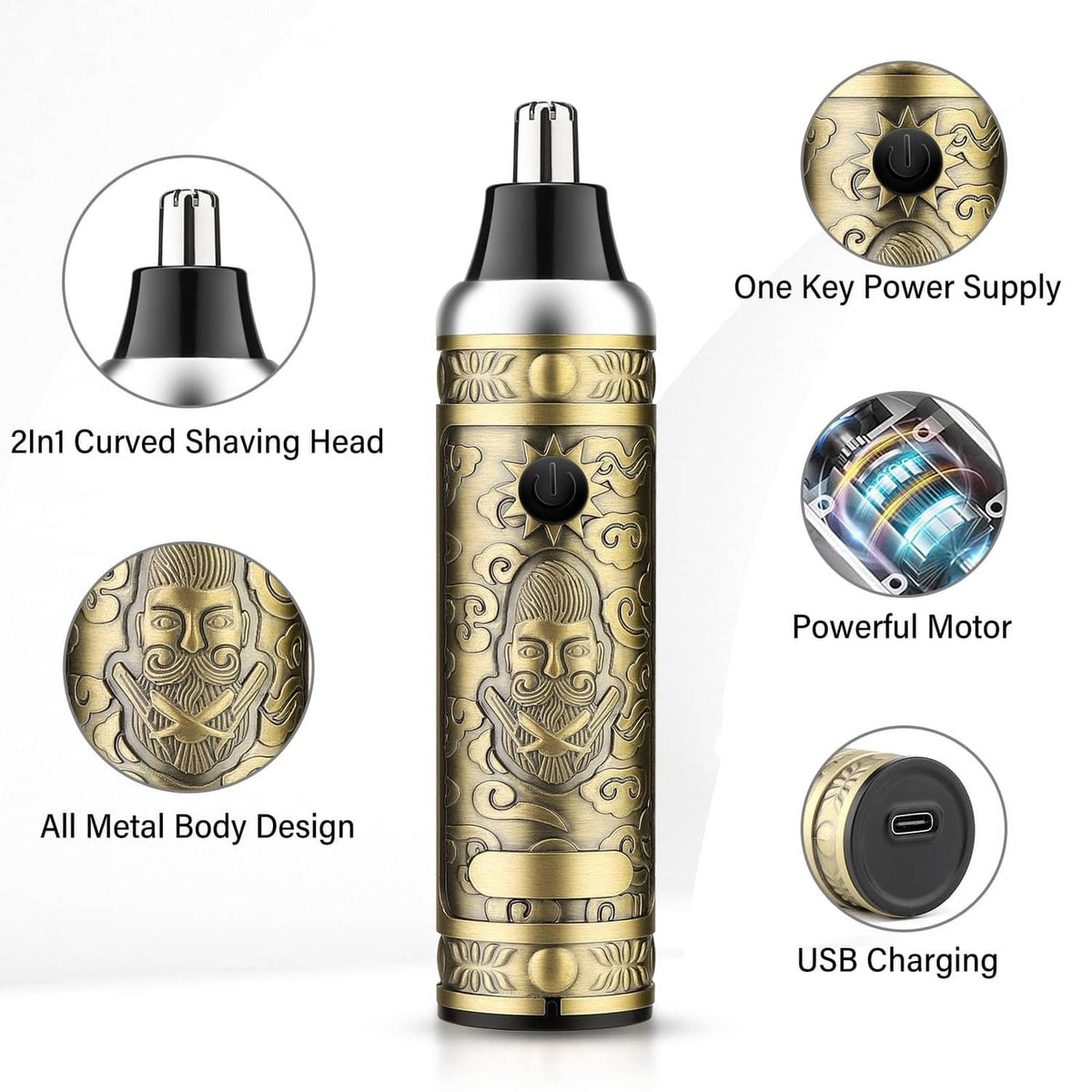 Bronze GSKY grooming trimmer with 2-in-1 curved shaving head and power button
