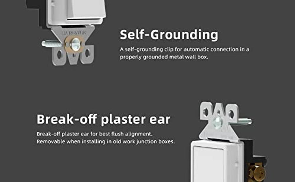Glossy white single-pole switch close-up with self-grounding clip and plaster ear