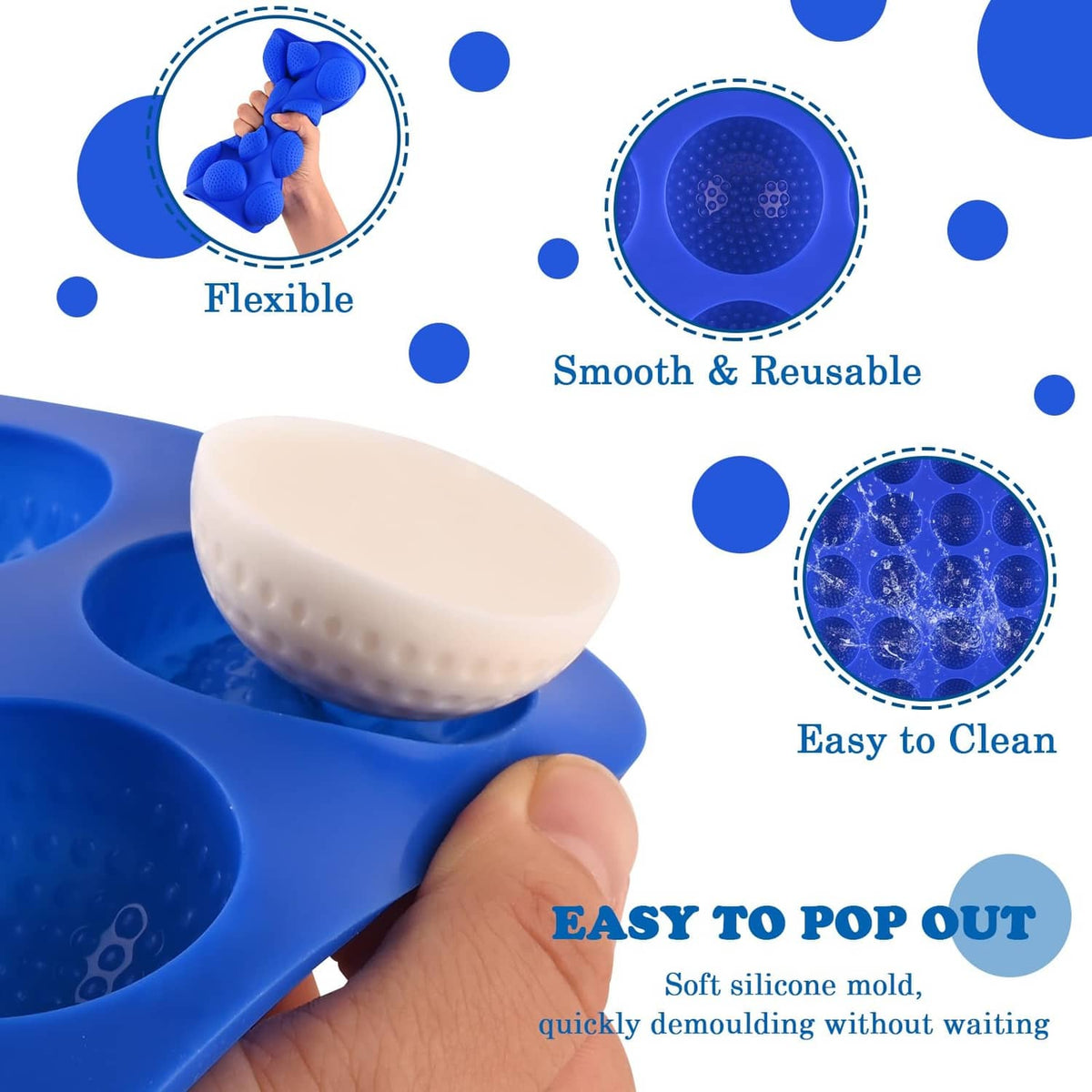 Blue silicone golf ball mold with a white ball popping out from cavity