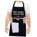 Black cooking apron with slogan, adjustable neck strap, and two front pockets
