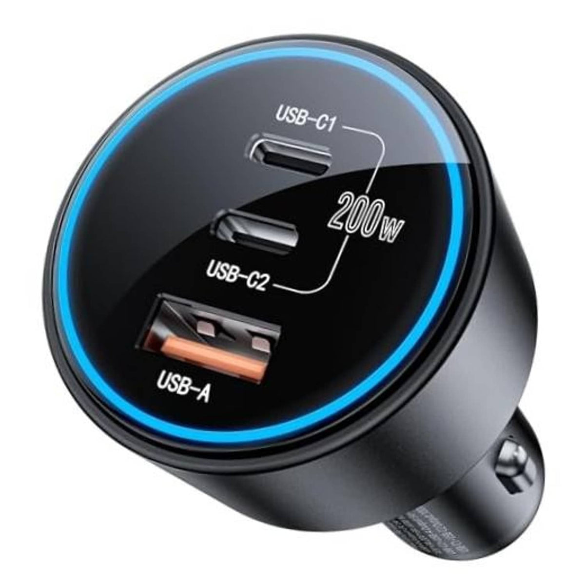 Black 200W car USB-C charger with dual USB-C and USB-A ports, blue LED ring