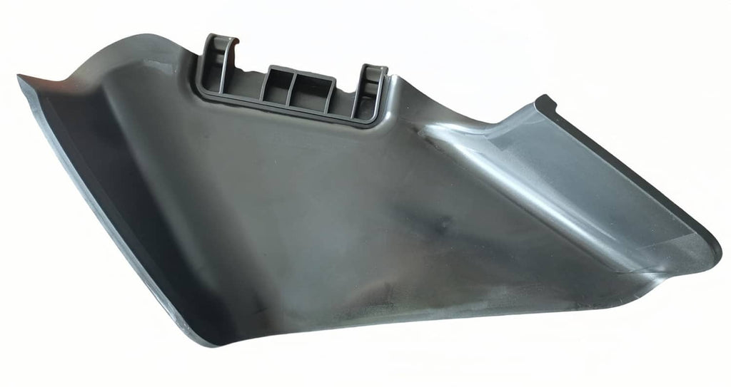 Black side discharge chute, curved shield with discharge chute opening