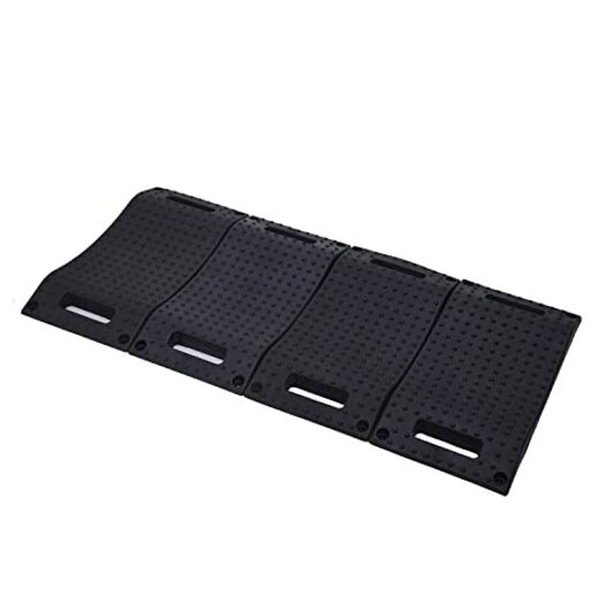 Black rubber tire wheel ramp pad with textured anti-slip surface and four side slots.