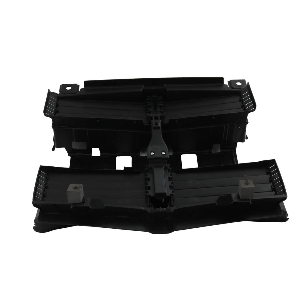 Radiator shutter assembly housing with motor, black plastic, top view with clips