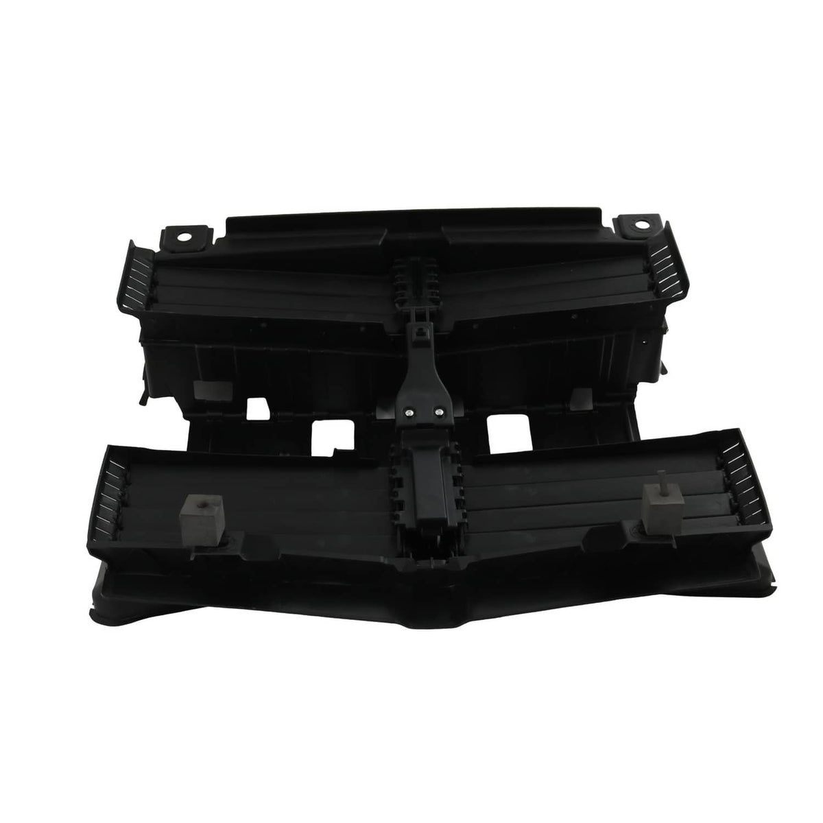 Radiator shutter assembly housing with motor, black plastic, top view with clips