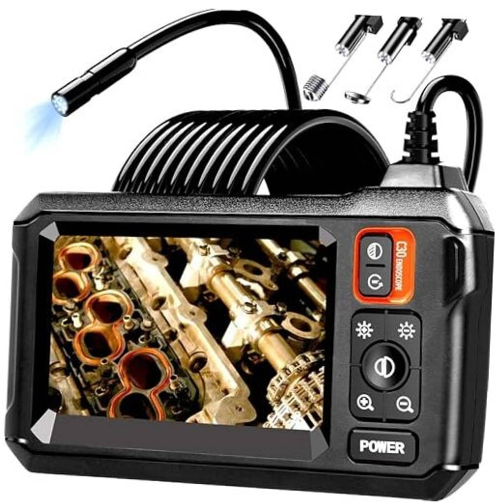 Portable endoscope camera with built-in display and orange control panel, black monitor unit