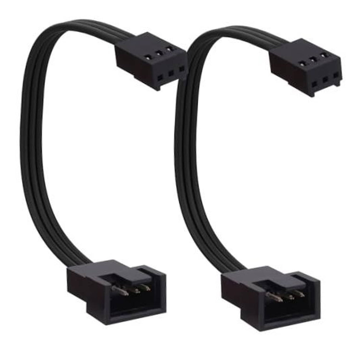 Black PC fan adapter cable with one 3-pin and one 4-pin connector