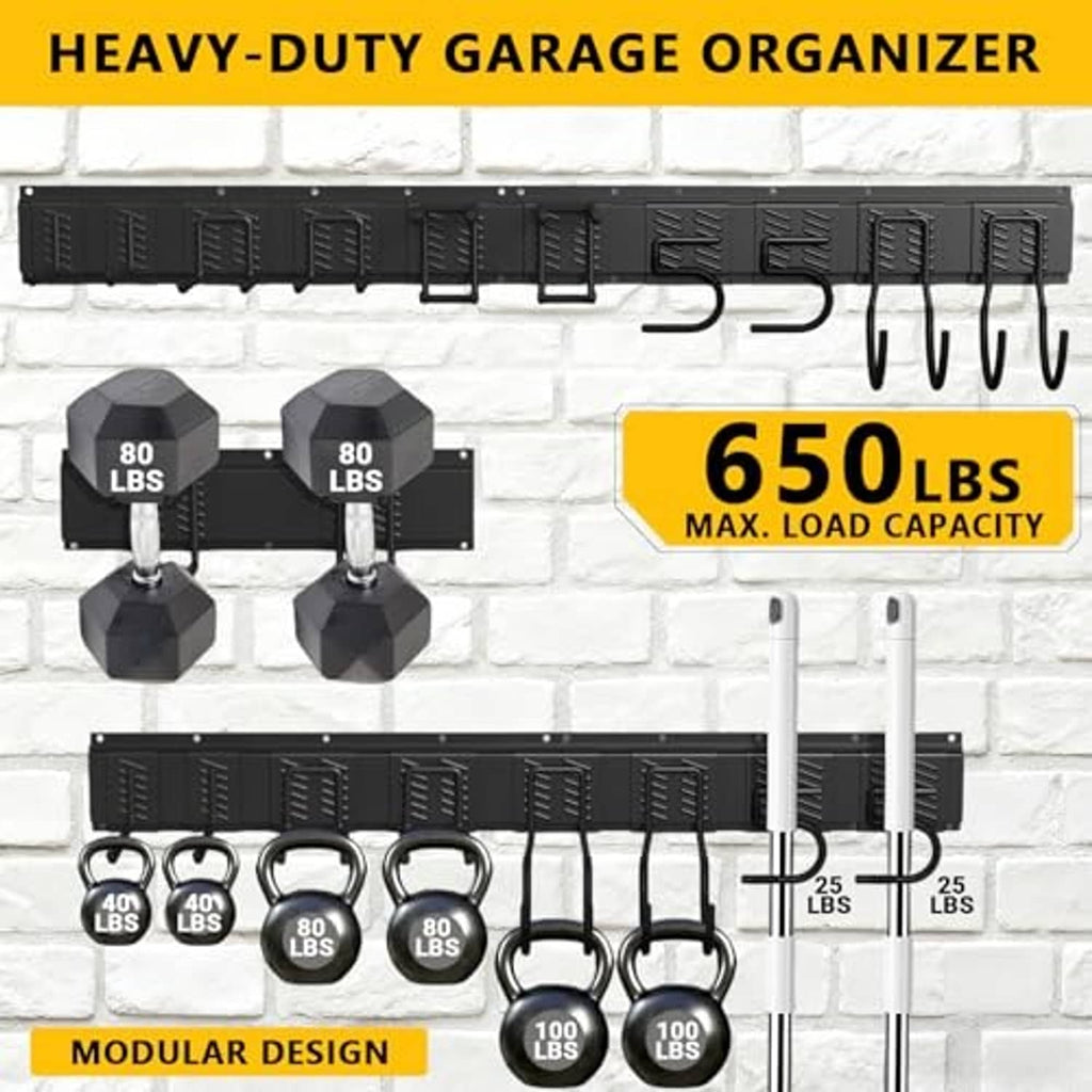Heavy-duty wall organizer rail with grid panels, removable hooks, and peg slots