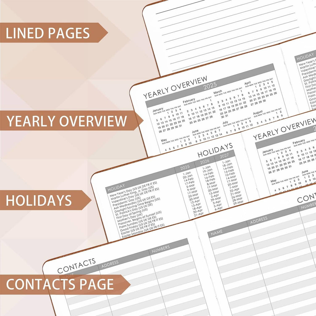 Planner interior pages: yearly overview, holidays, contacts, and lined forms