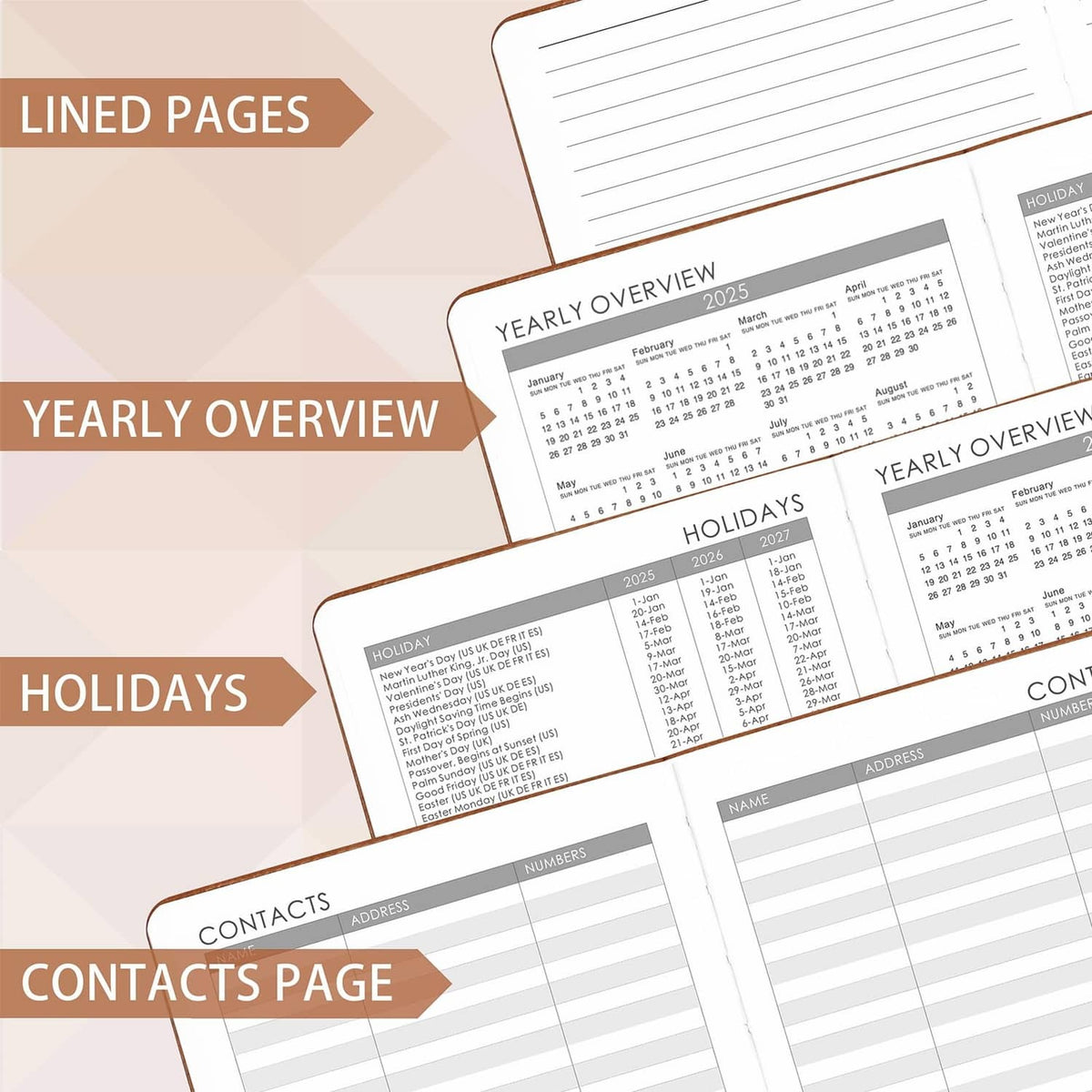 Planner interior pages: yearly overview, holidays, contacts, and lined forms
