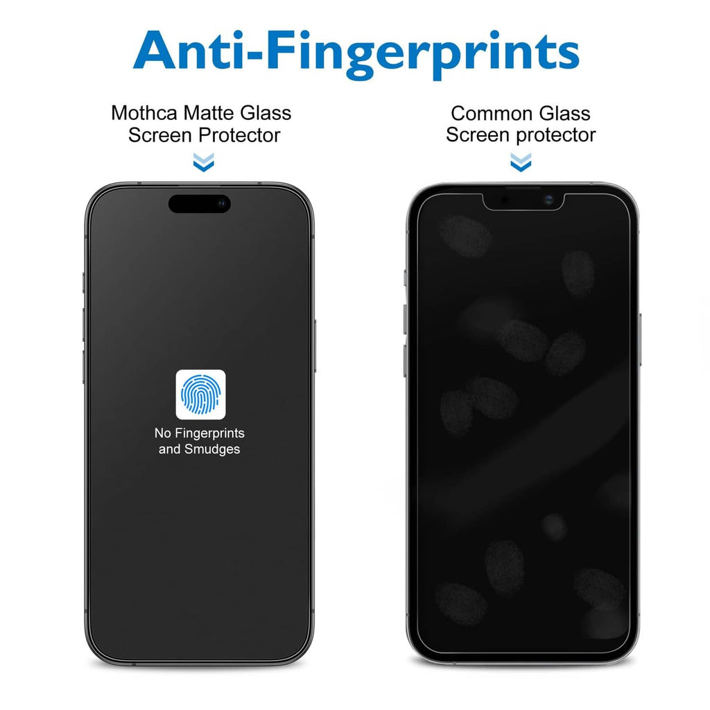 Matte glass screen protector with anti-fingerprint coating on black phone display