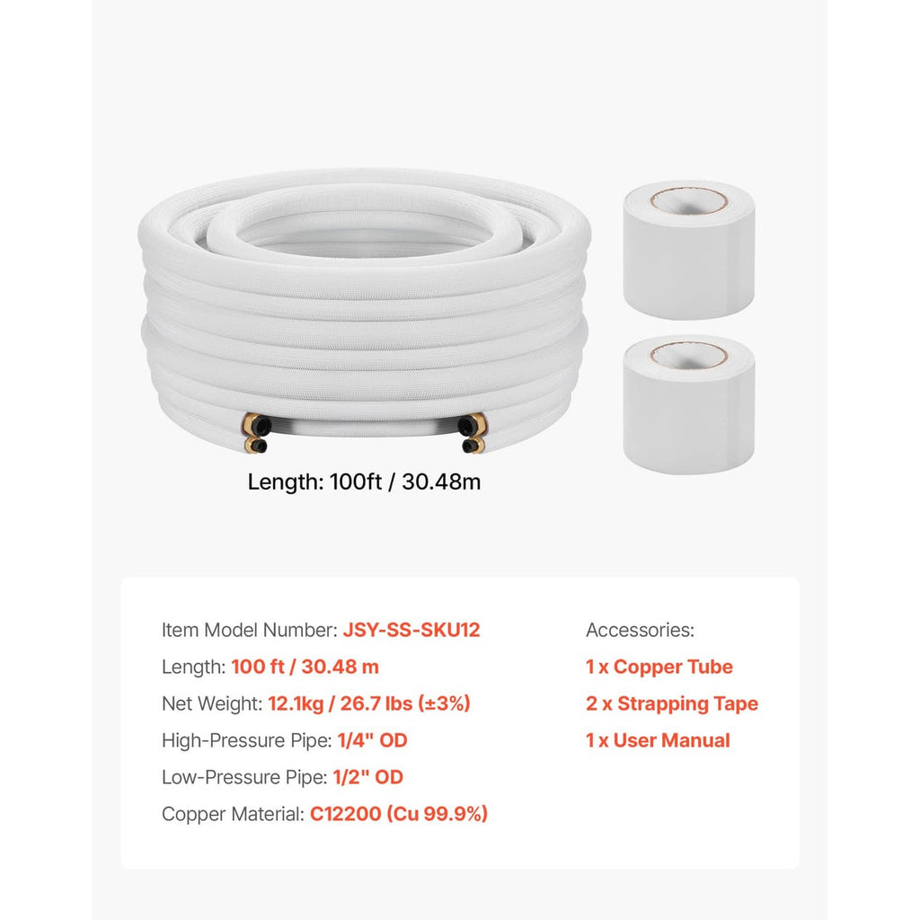 Coiled 100ft mini split line set with white insulation and two insulation tape rolls